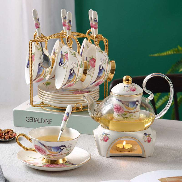 Golden edge & bird safflower tea sets - Sanroll