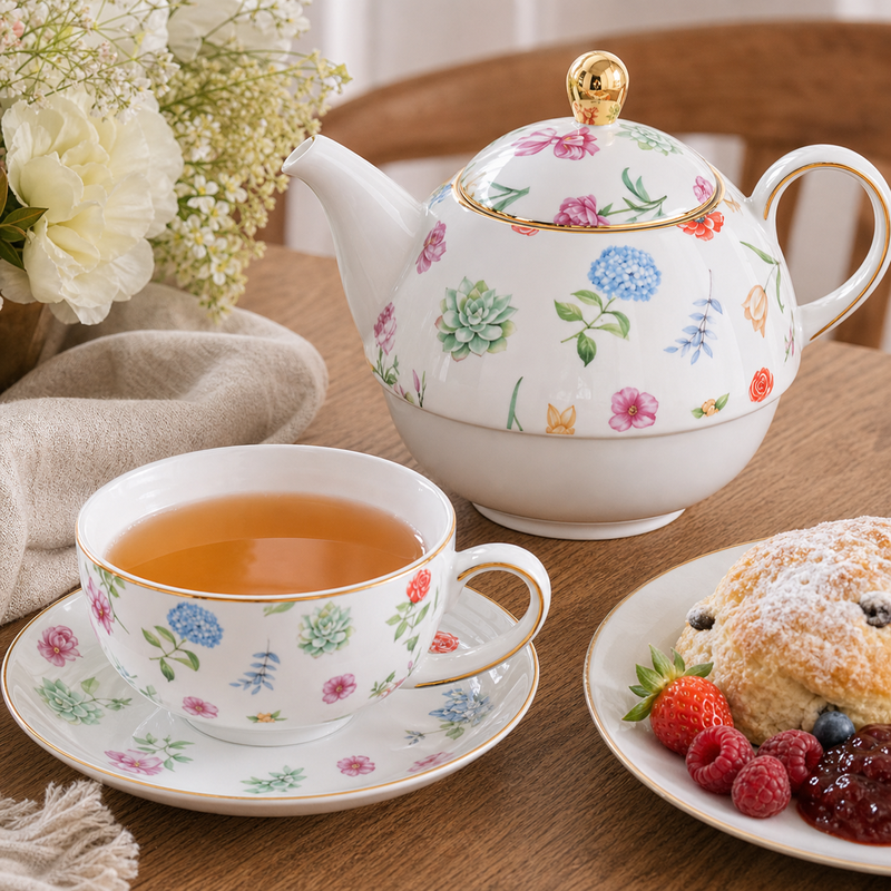 Assorted floral tea for one set in an afternoon tea setting