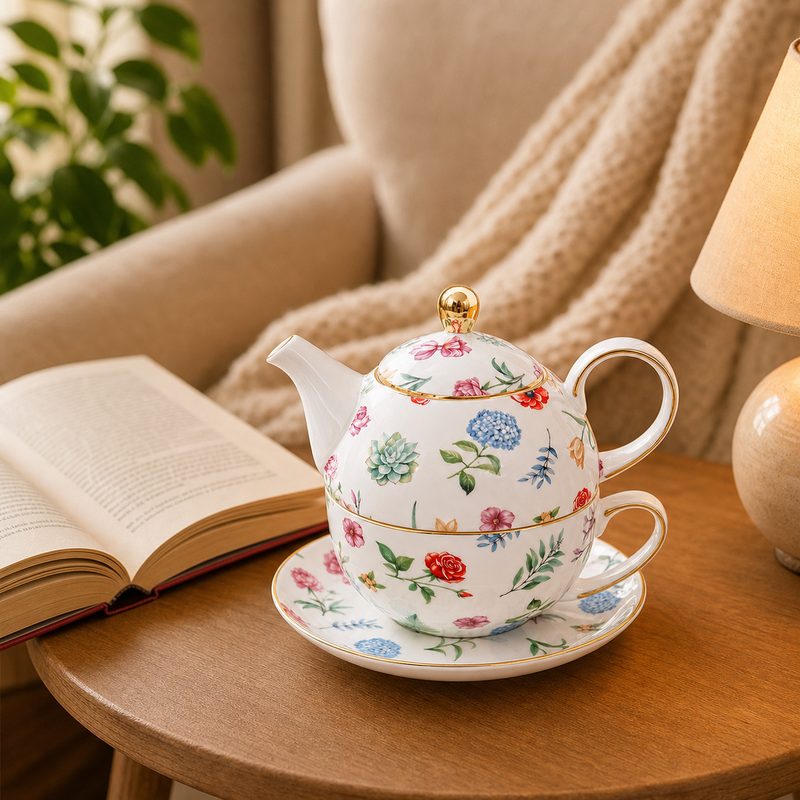 Assorted floral tea for one set beside a book for a cozy tea break