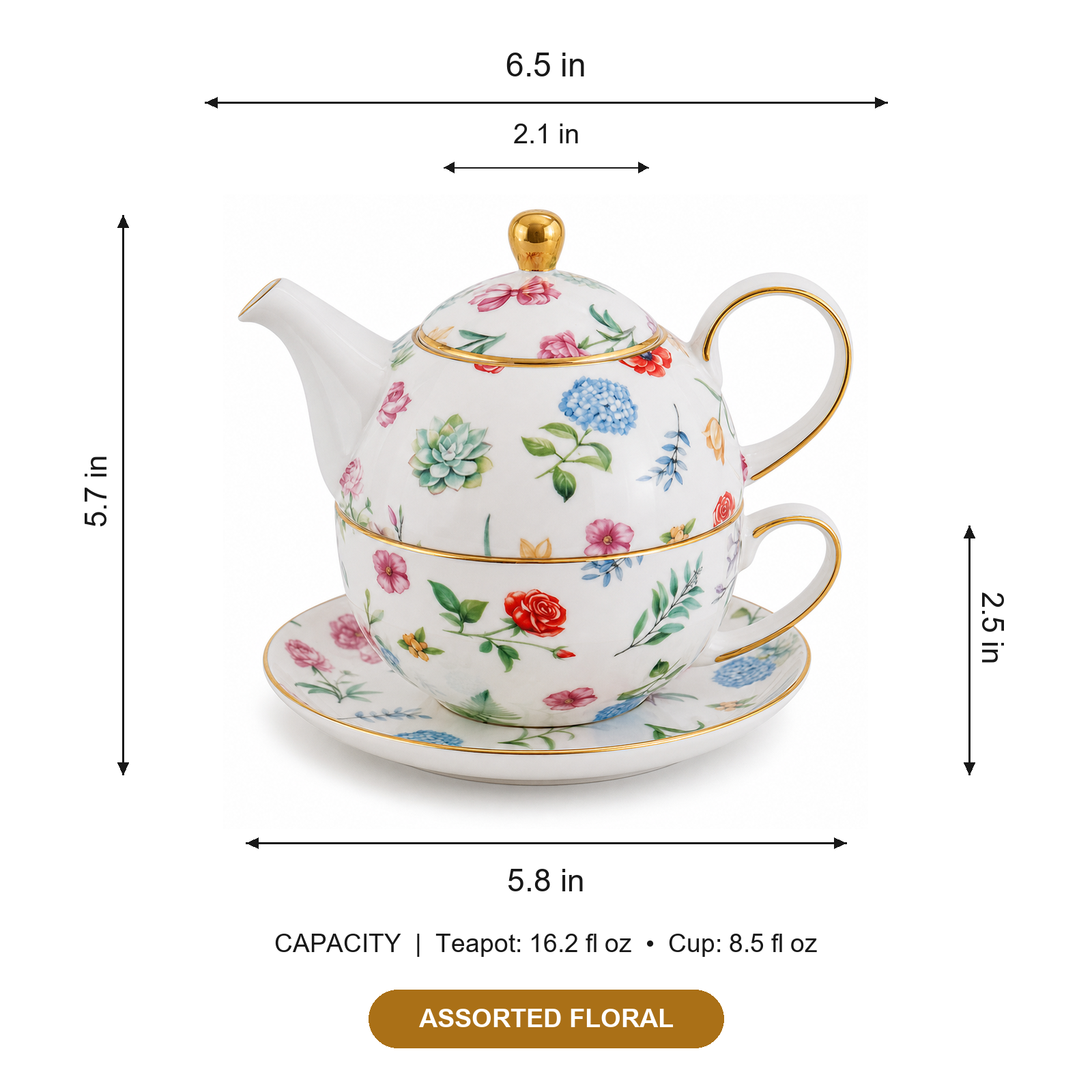 Assorted floral tea for one set dimensions and capacity guide