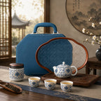 Blue lotus porcelain Gongfu Chinese tea set with teapot, teacups, tea canister, tray, and carrying case displayed on a traditional tea table