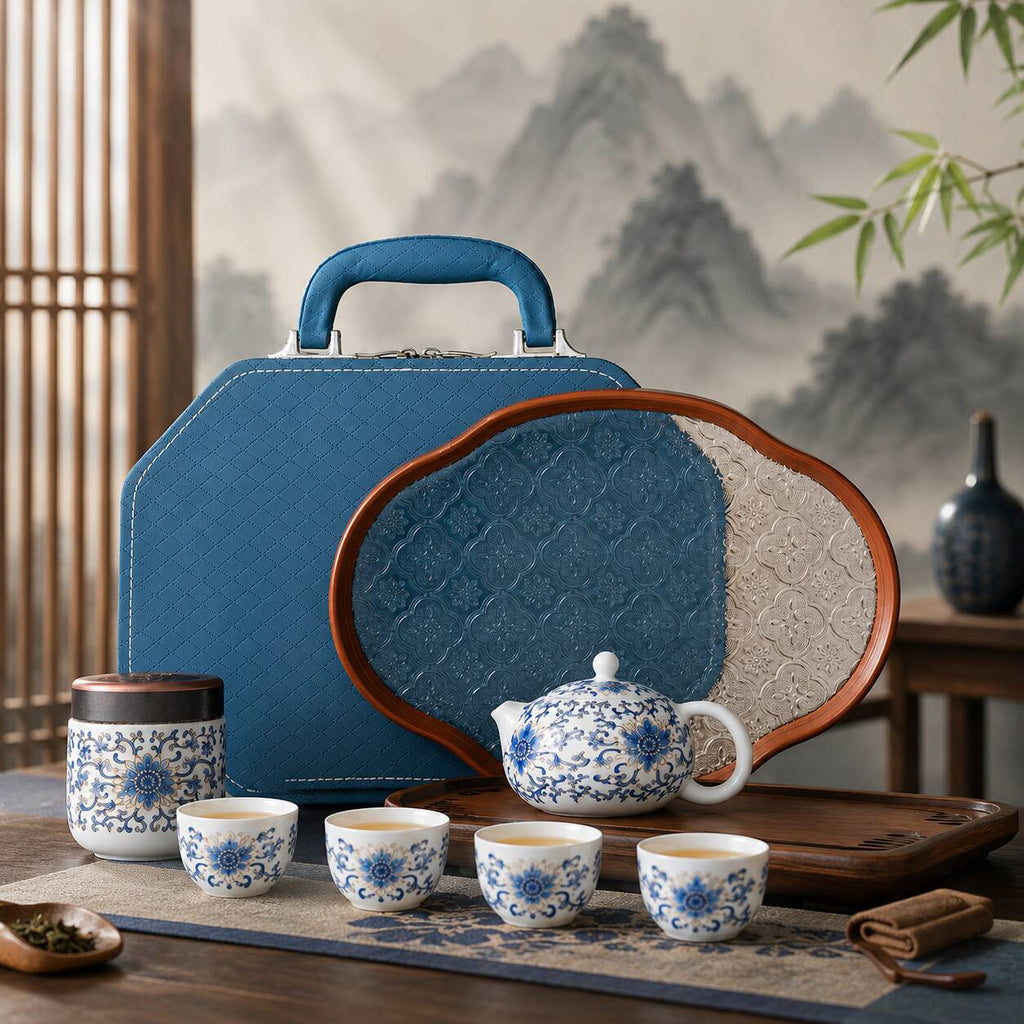 Blue lotus porcelain Gongfu Chinese tea set with teapot, teacups, tea canister, tray, and carrying case in a traditional tea room
