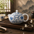 Blue lotus porcelain Xi Shi teapot with traditional floral pattern on a Chinese tea table