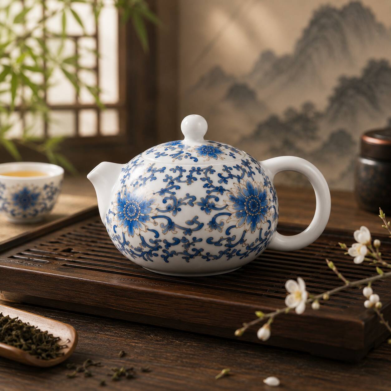 Blue lotus porcelain Xi Shi teapot with traditional floral pattern on a Chinese tea table