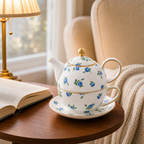 Blue rose tea for one set in a cozy reading corner