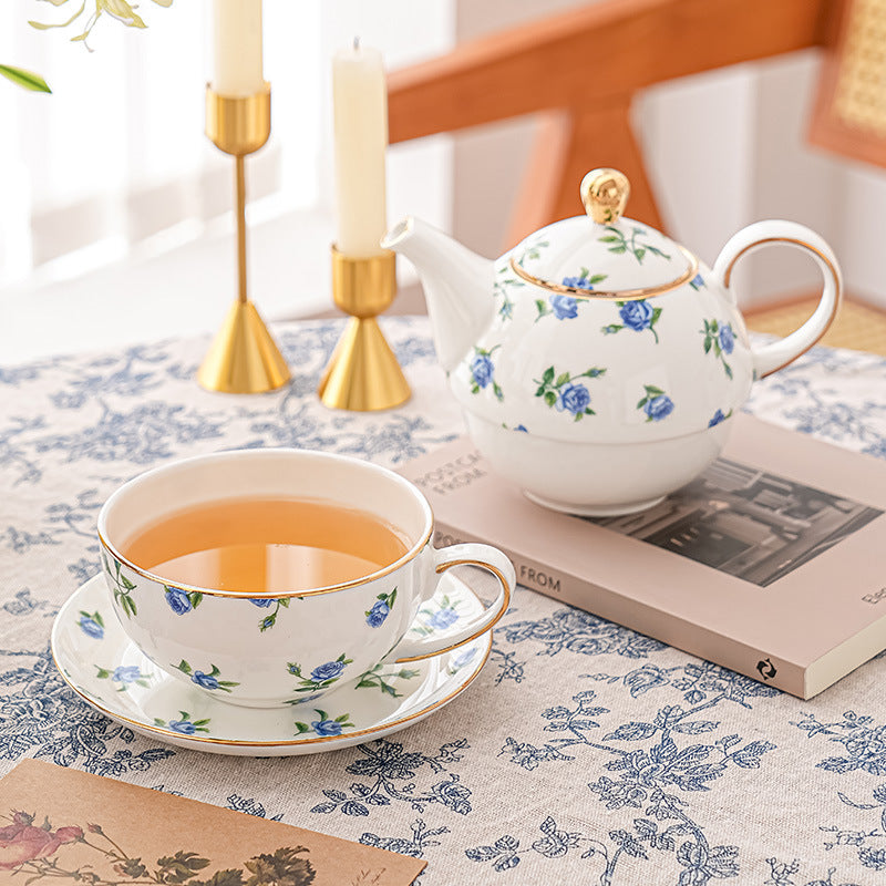 Blue rose bone china tea for one set with gold trim