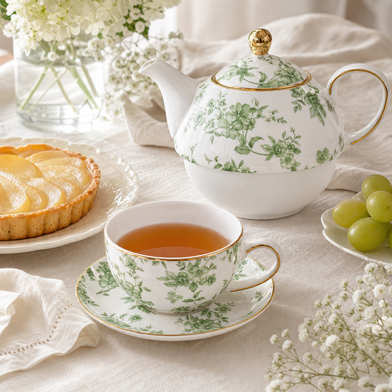 Green floral tea for one set in an afternoon tea setting