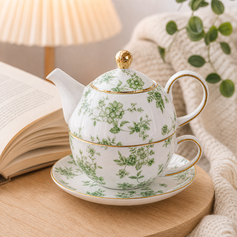 Green floral tea for one set beside a book for a cozy tea break