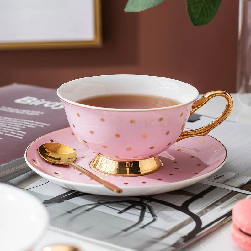 Pink polka dot English tea set