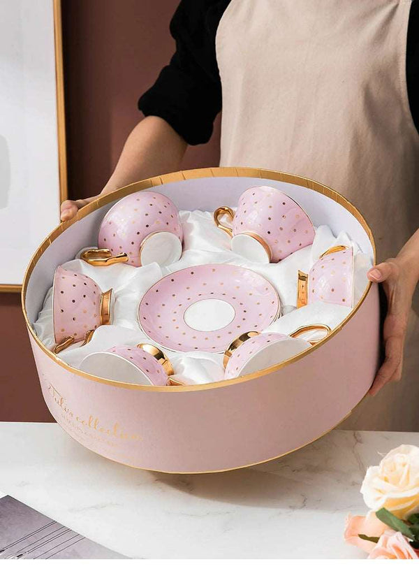 Pink polka dot English tea set