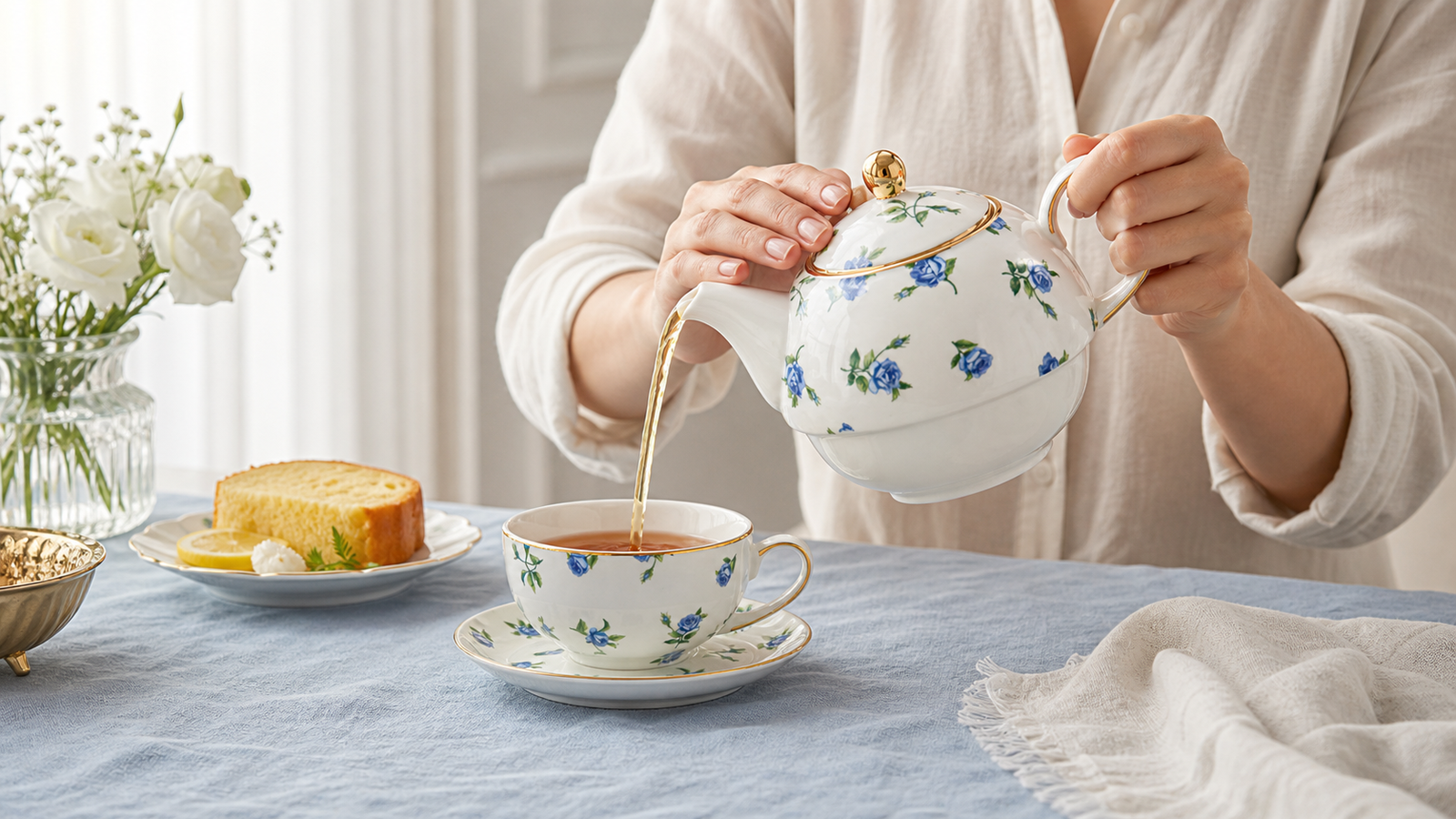 Pouring tea from the blue rose tea for one set during a quiet tea break