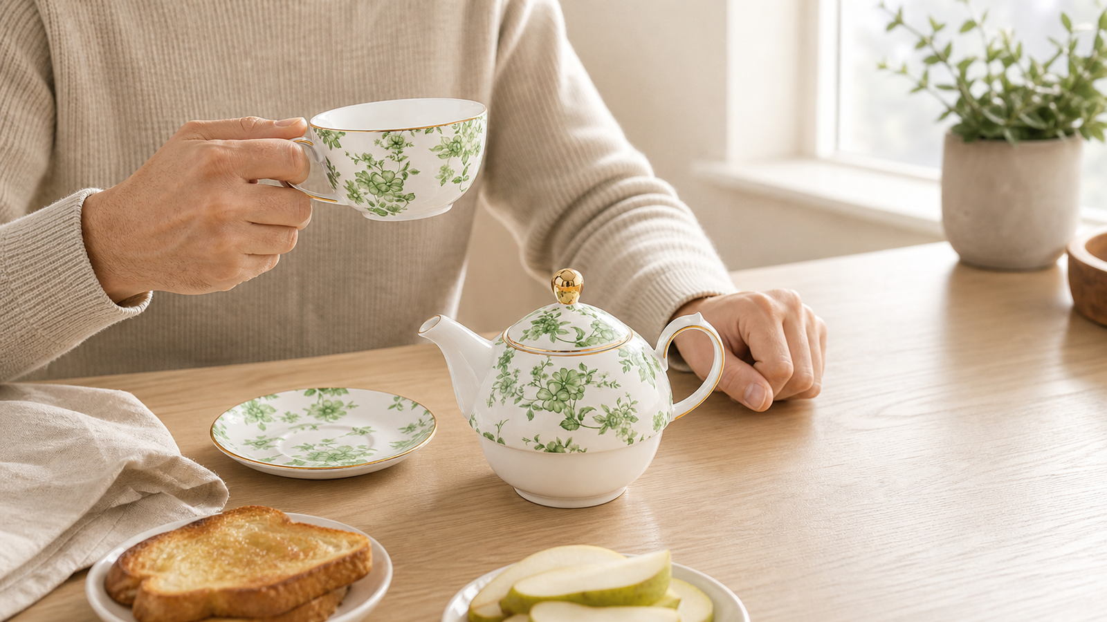 Green floral tea for one set in a relaxed morning tea scene